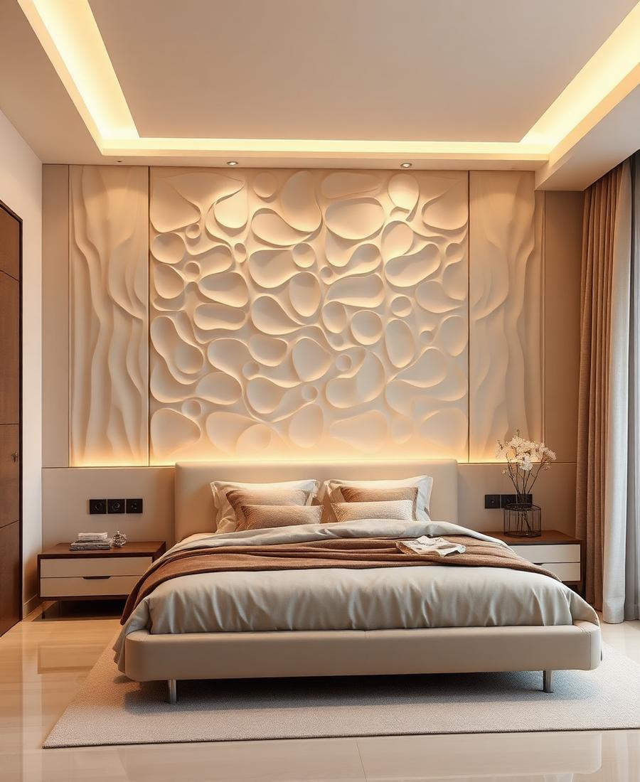 Quarto com painel de gesso 3D